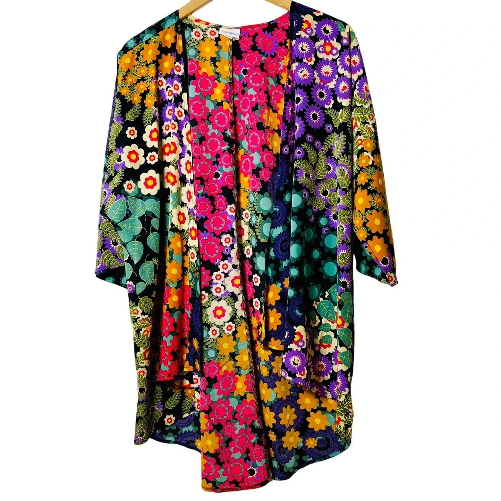 LuLaRoe Shirley Kimono Women L Multicolor Floral Patchwork Open Front Cardigan - Picture 2 of 5
